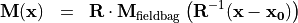 \begin{eqnarray*}
\VField{M} (\pvec{x}) & = &  \void{\TField{R}}  {\VField{M}_{\mathrm{fieldbag}}} \clear{\TField{R}}  \left( \TField{R}^{-1} ( \pvec{x}-\pvec{x_0} ) \right)
\end{eqnarray*}