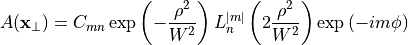 \begin{eqnarray*}
   A(\pvec{x}_\perp)= C_{mn}\exp\left( -\frac{\rho^2}{W^2}\right) L_n^{\vert m\vert}\left(2\frac{\rho^2}{W^2}\right)\exp\left(-im\phi\right)
\end{eqnarray*}