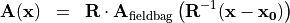 \begin{eqnarray*}
\VField{A} (\pvec{x}) & = &  \void{\TField{R}}  {\VField{A}_{\mathrm{fieldbag}}} \clear{\TField{R}}  \left( \TField{R}^{-1} ( \pvec{x}-\pvec{x_0} ) \right)
\end{eqnarray*}