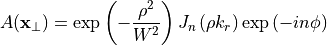 \begin{eqnarray*}
   A(\pvec{x}_\perp)= \exp\left( -\frac{\rho^2}{W^2}\right) J_n\left(\rho k_r\right)\exp\left(-in\phi\right)
\end{eqnarray*}